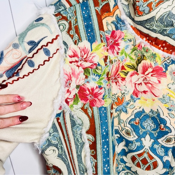 Johnny Was BIYA Halmstad Multi Patterned Embroidered Coat w/ Faux Fur & Suede L - Picture 9 of 14